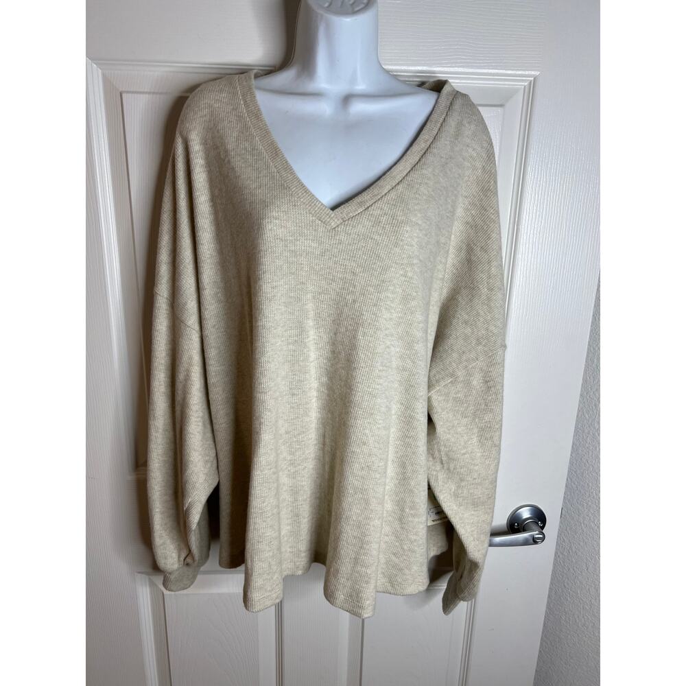 A.N.A. A New Approach Women's Long Sleeve V-Neck Ribbed Top Beige NEW ~ Size 3X
